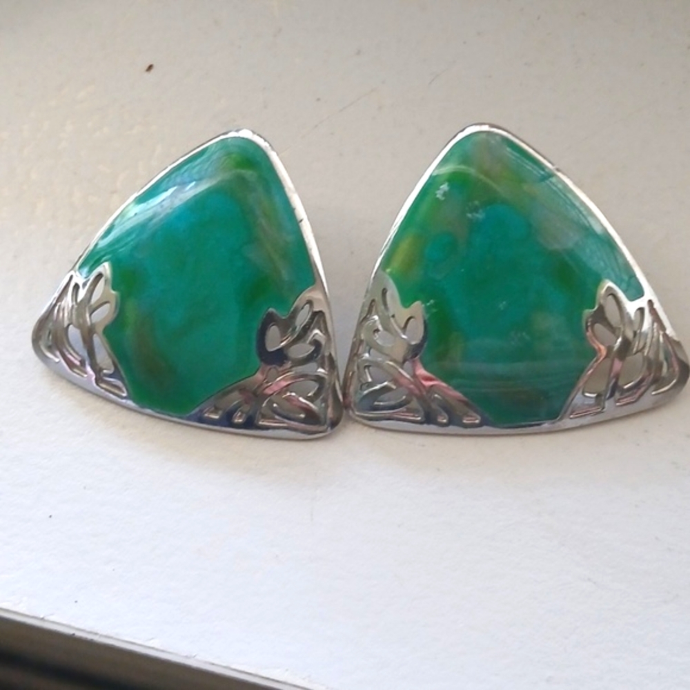 Rare Edgar Berebi Open Work Earrings Vibrant Stone Green  Silver Signed